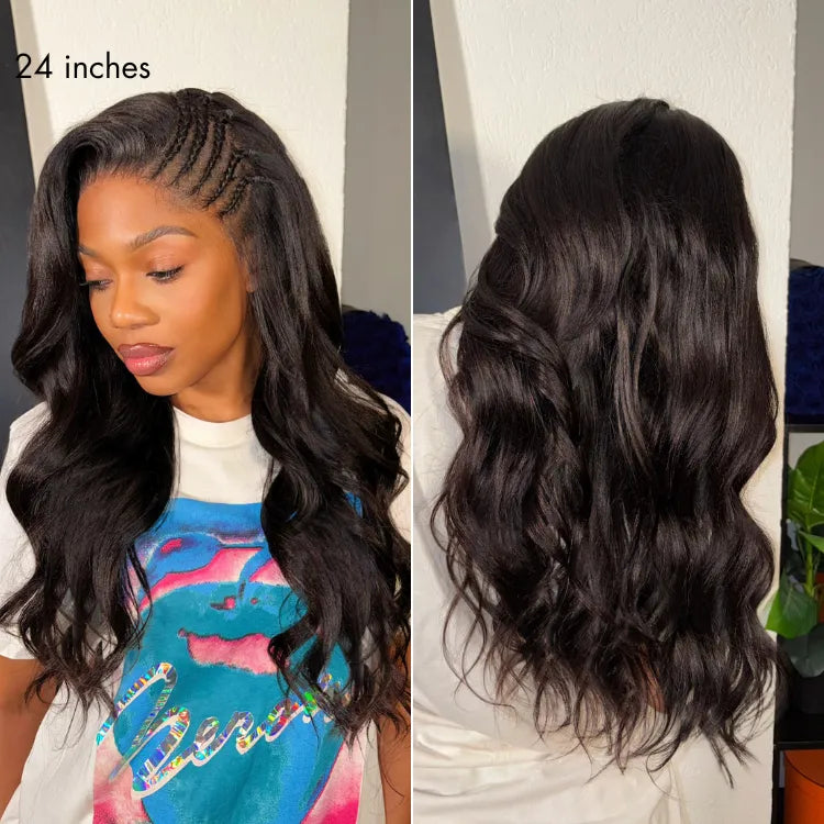 Readitress™ Side Braided Yaki Body Wave Glueless Ear-to-ear 13x6 Frontal HD Lace Wig Human Hair Flexi-Fit Drawstring Cap Secondary image