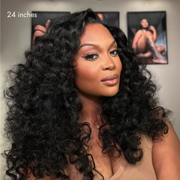 180% Density Bouncy Curls Glueless 5x5 Closure Pre-Cut Lace Layered Curly Wig Breathable Cap Secondary image
