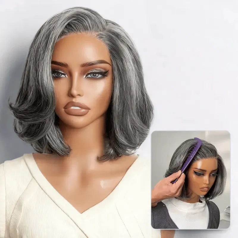 Salt & Pepper 100% Human Hair Layered Bob Wig Glueless Minimalist Lace Grey Wig Pre-Cut Lace Main image