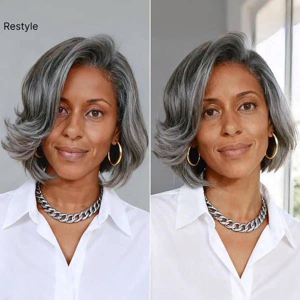 Salt & Pepper 100% Human Hair Layered Bob Wig Glueless Minimalist Lace Grey Wig Pre-Cut Lace