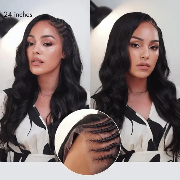 Readitress™ Side Braided Yaki Body Wave Glueless Ear-to-ear 13x6 Frontal HD Lace Wig Human Hair Flexi-Fit Drawstring Cap