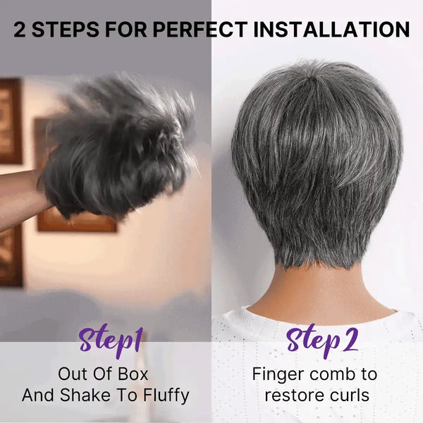 Salt & Pepper 100% Human Hair Short Pixie Cut Glueless Wig with Bangs Ultra Comfort Skin-Like Soft Care Hair Loss Friendly
