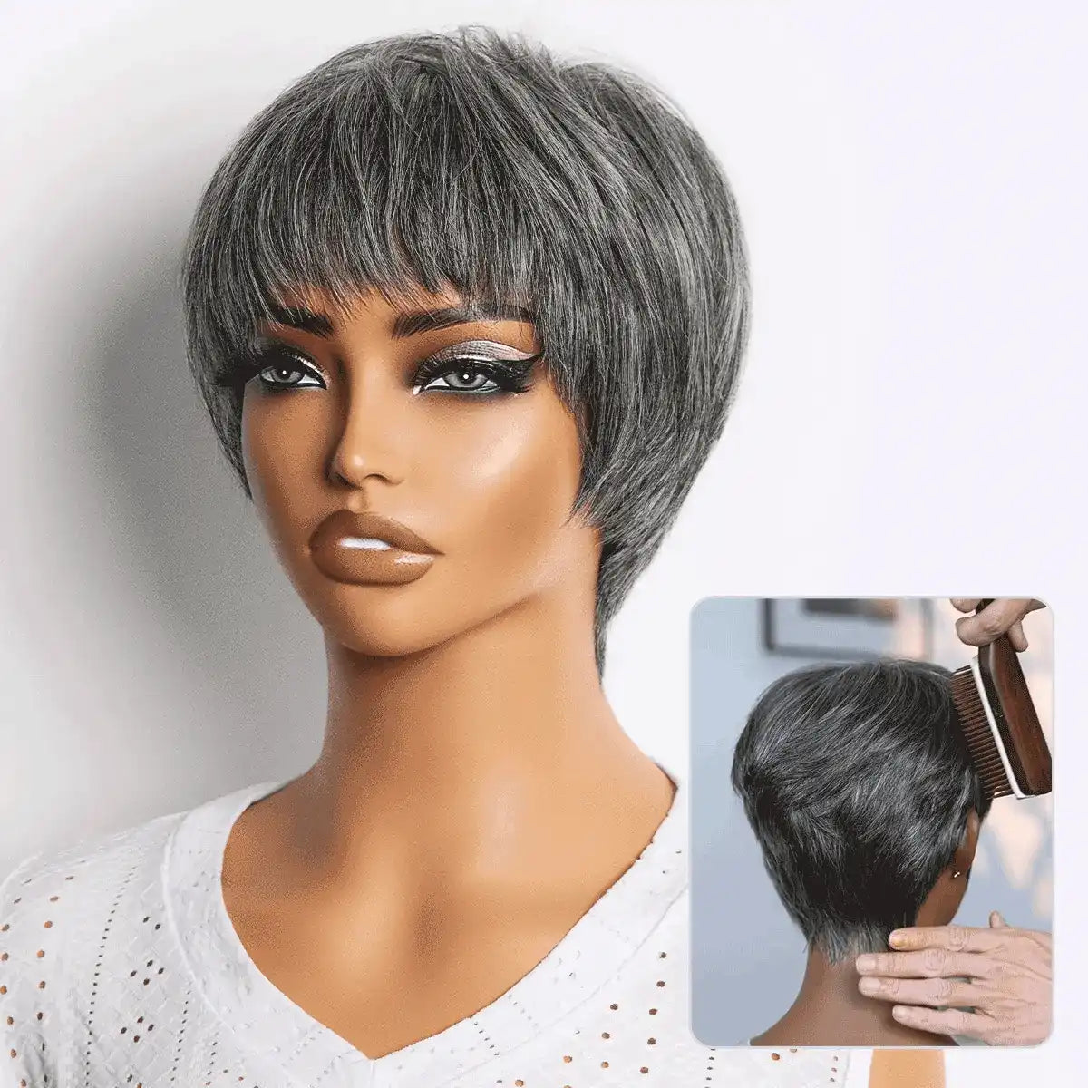 Salt & Pepper 100% Human Hair Short Pixie Cut Glueless Wig with Bangs Ultra Comfort Skin-Like Soft Care Hair Loss Friendly Main image