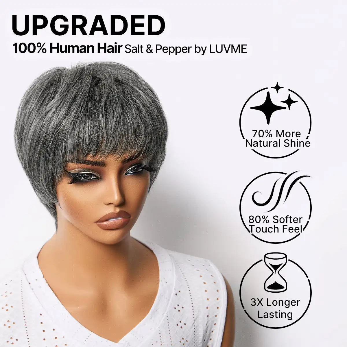 Salt & Pepper 100% Human Hair Short Pixie Cut Glueless Wig with Bangs Ultra Comfort Skin-Like Soft Care Hair Loss Friendly Secondary image
