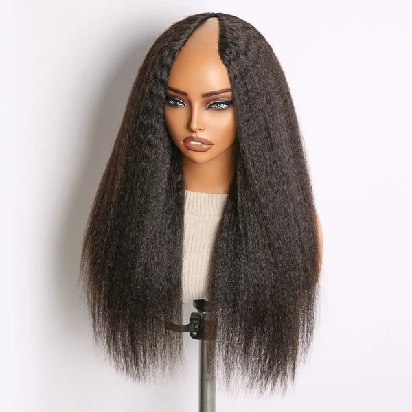 True Scalp Kinky Straight V Part Glueless Human Hair Wig Flexi-Fit Drawstring