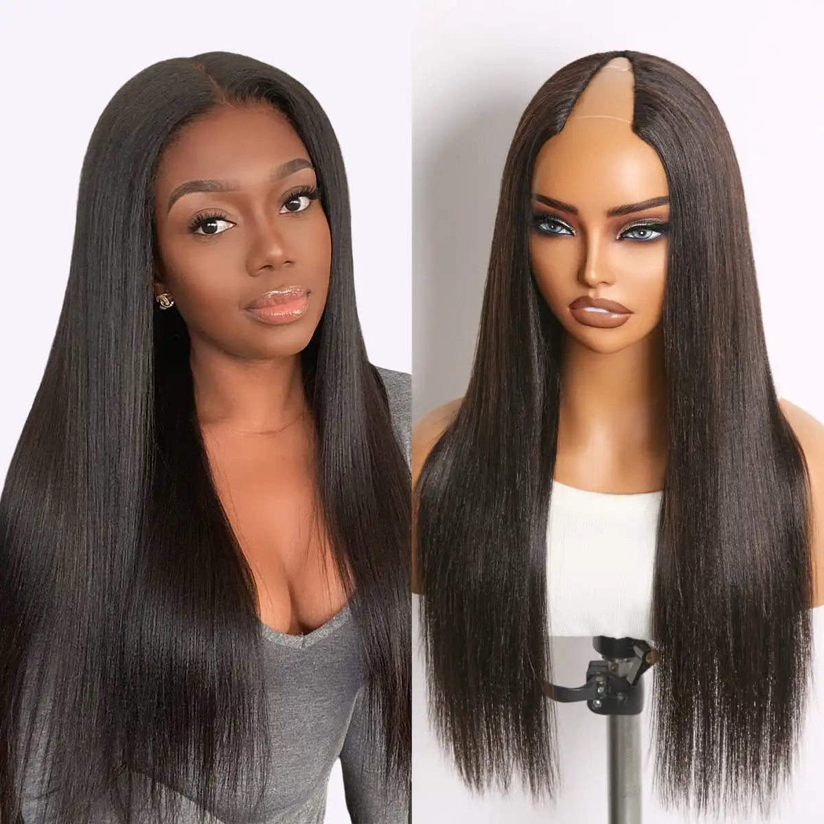True Scalp Yaki Straight / Kinky Straight V Part Glueless Human Hair Wig Flexi-Fit Drawstring Main image