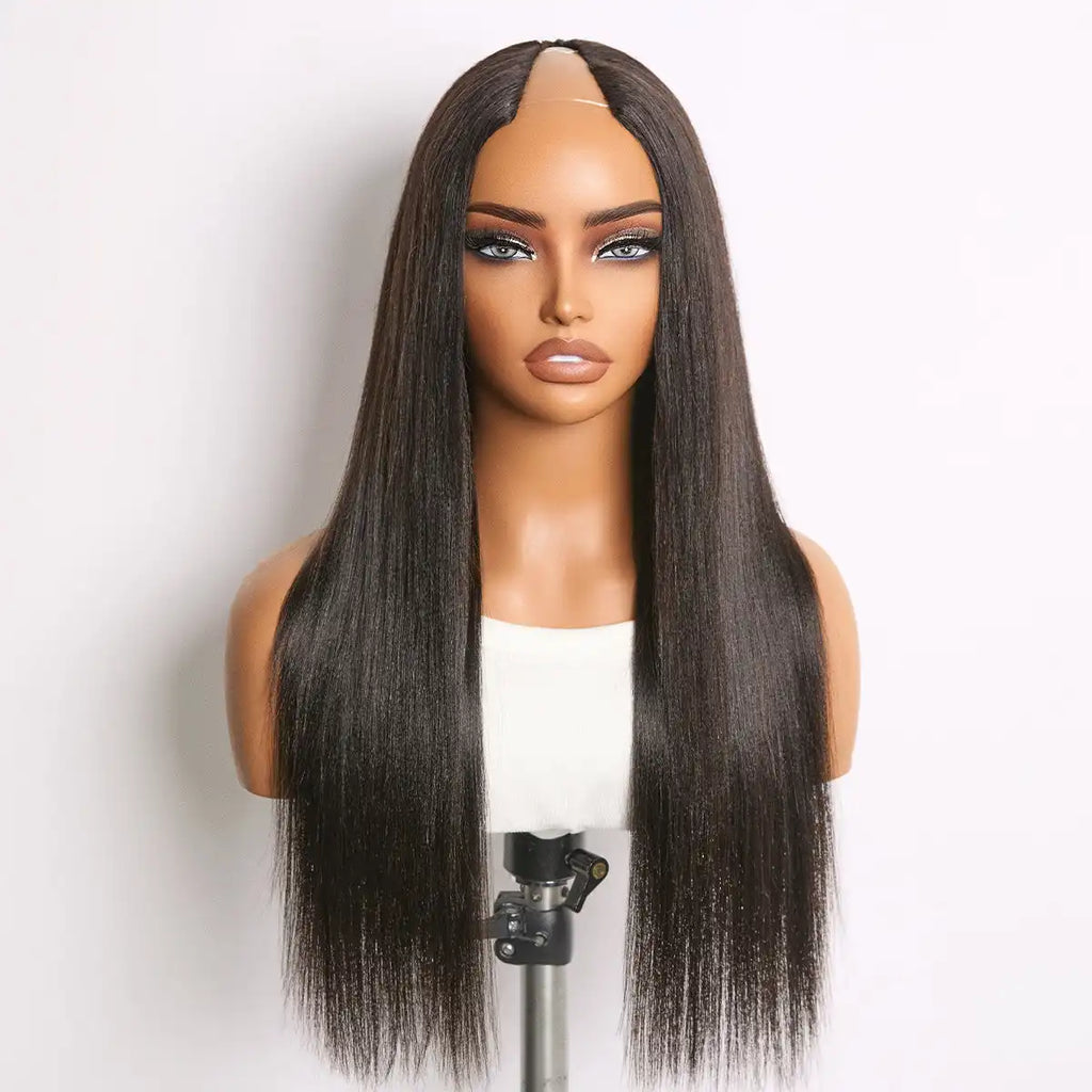 True Scalp Yaki Straight / Kinky Straight V Part Glueless Human Hair Wig Flexi-Fit Drawstring