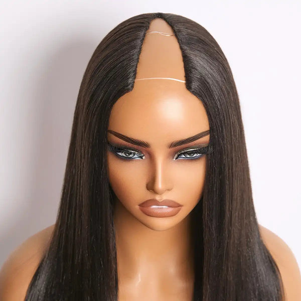 True Scalp Yaki Straight / Kinky Straight V Part Glueless Human Hair Wig Flexi-Fit Drawstring