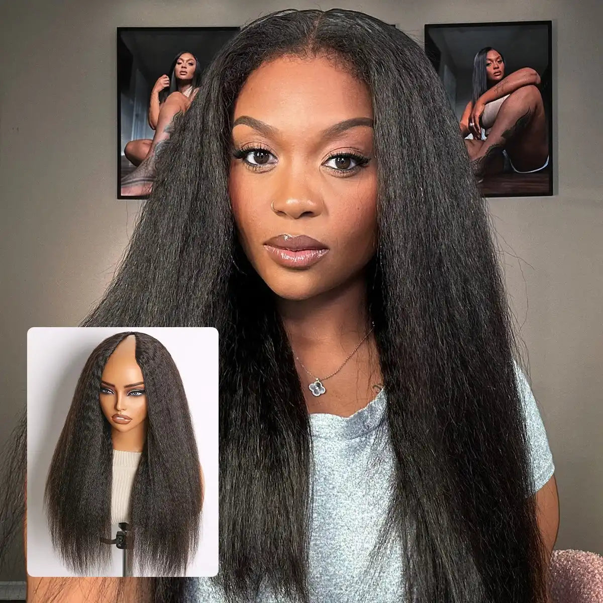 True Scalp Kinky Straight V Part Glueless Human Hair Wig Flexi-Fit Drawstring Main image