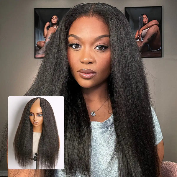 True Scalp Yaki Straight / Kinky Straight V Part Glueless Human Hair Wig Flexi-Fit Drawstring