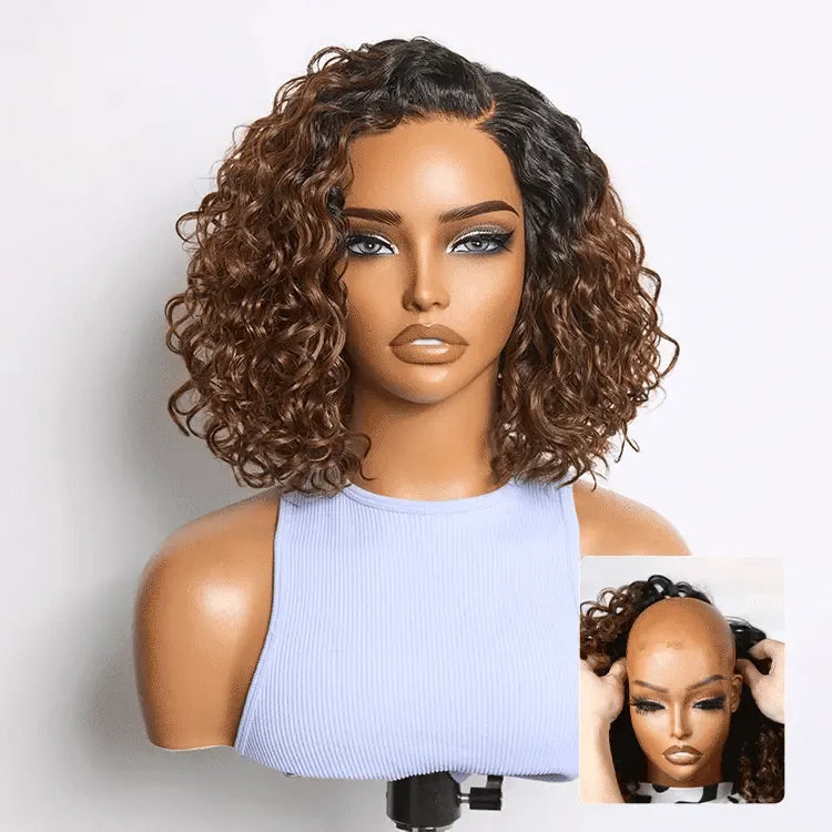 Ready to Go Ombre Brown Water Wave Short Curly Bob Wig Glueless Minimalist HD Lace Wig Pre-Cut Lace Main image