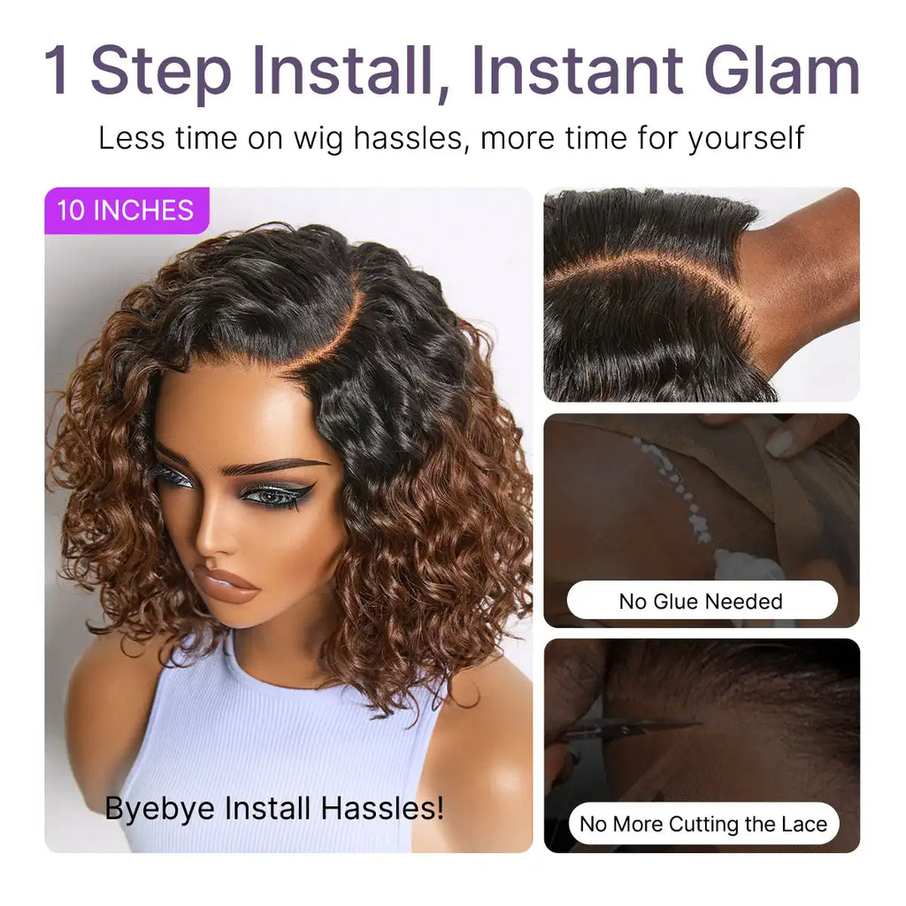 Ready to Go Ombre Brown Water Wave Short Curly Bob Wig Glueless Minimalist HD Lace Wig Pre-Cut Lace