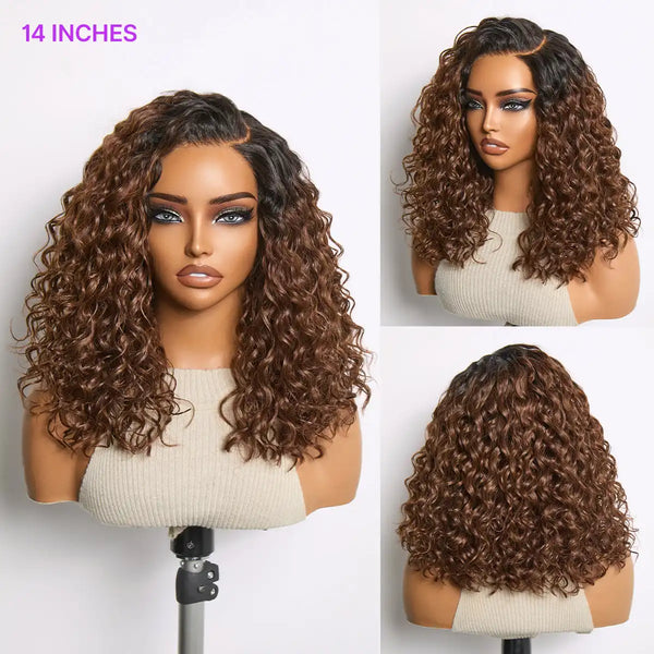 Ready to Go Ombre Brown Water Wave Short Curly Bob Wig Glueless Minimalist HD Lace Wig Pre-Cut Lace