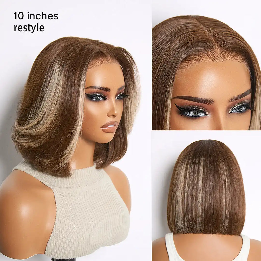 Ash Blonde Highlight Glueless 5x5 HD Closure Lace Bob Wig Pre-Cut Lace Flexi-Fit Drawstring Cap