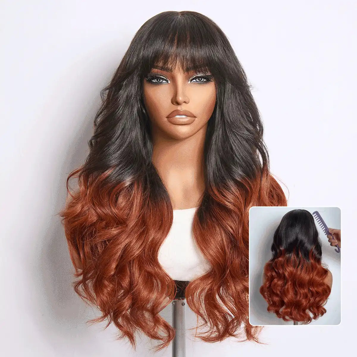 Ombre Reddish Brown Loose Wave Glueless 5x5 Closure Lace Wig with Bangs Pre-Cut Lace Main image