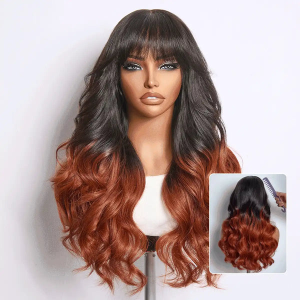Ombre Reddish Brown Loose Wave Glueless 5x5 Closure Lace Wig with Bangs Pre-Cut Lace
