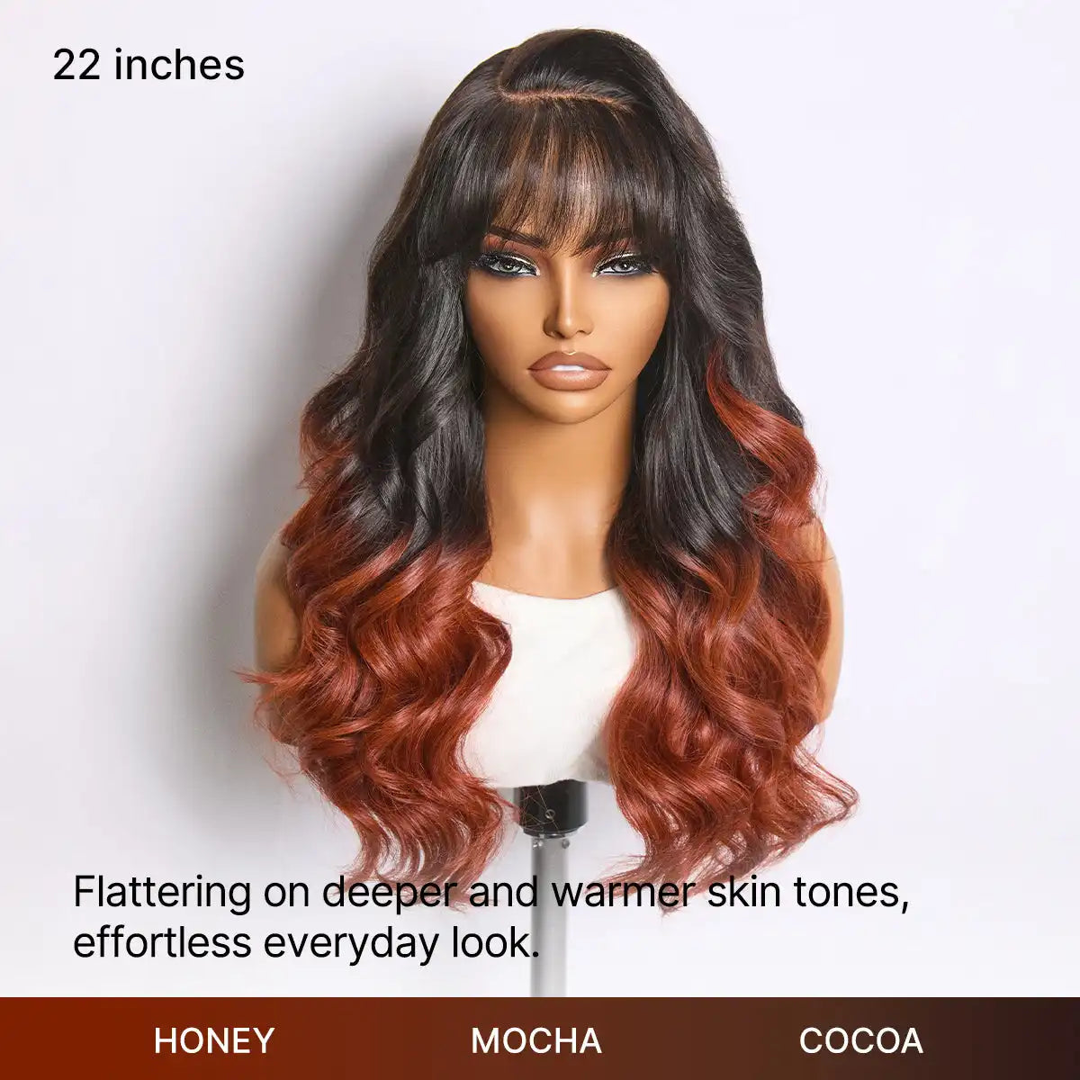 Ombre Reddish Brown Loose Wave Glueless 5x5 Closure Lace Wig with Bangs Pre-Cut Lace