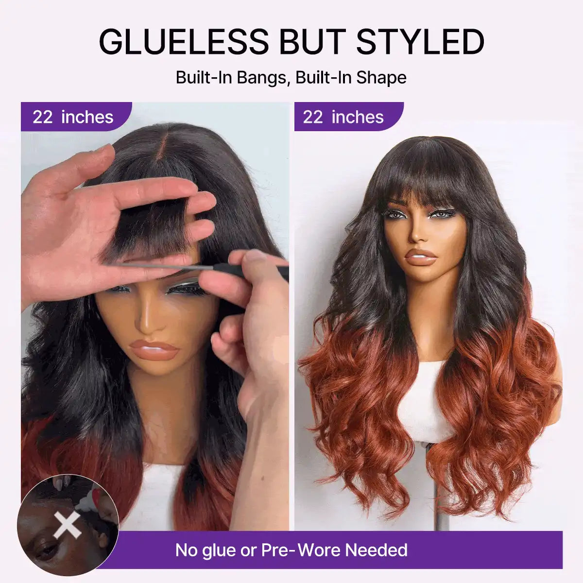 Ombre Reddish Brown Loose Wave Glueless 5x5 Closure Lace Wig with Bangs Pre-Cut Lace
