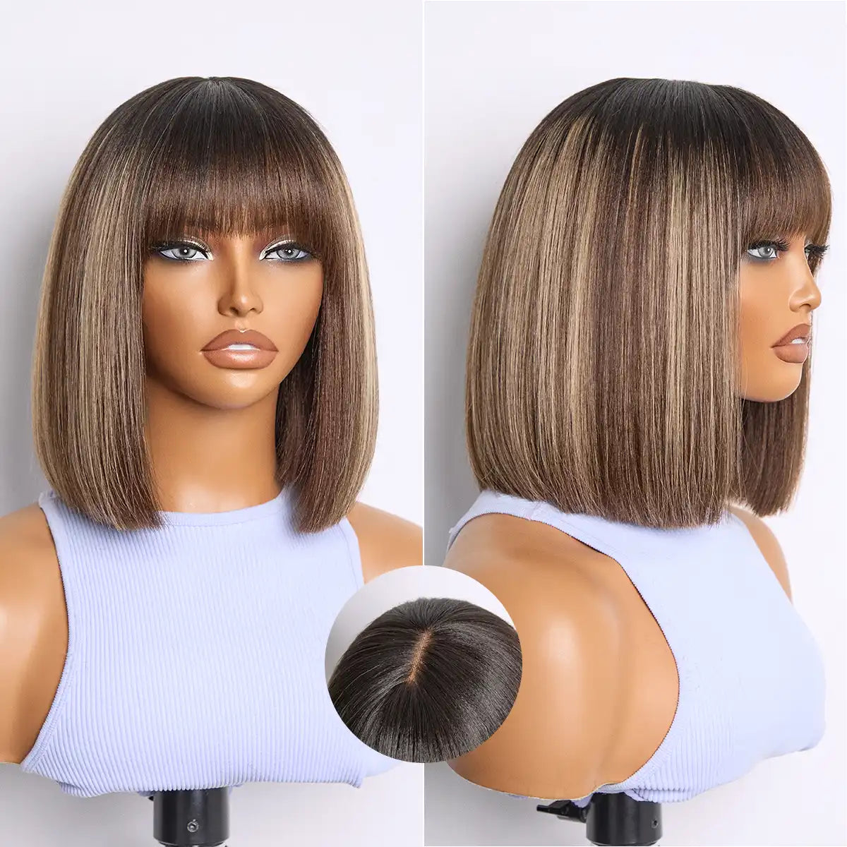 Beginner Friendly Honey Blonde Highlight Yaki Blunt Cut Bob Glueless Minimalist Lace Bob Wig with Bangs Main image