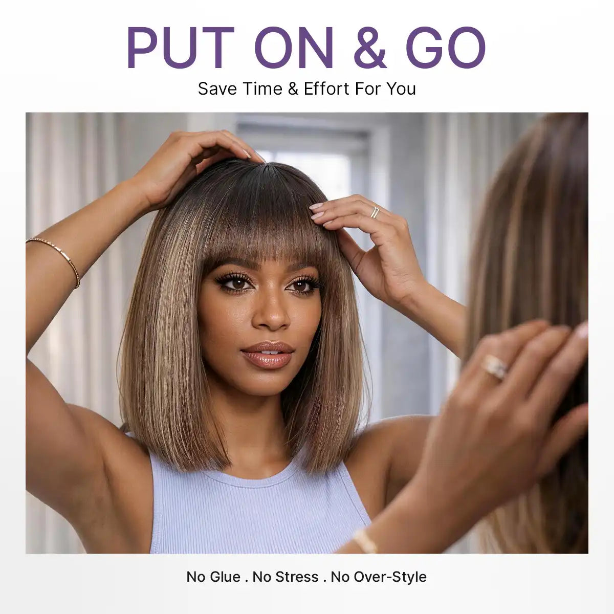 Beginner Friendly Honey Blonde Highlight Yaki Blunt Cut Bob Glueless Minimalist Lace Bob Wig with Bangs Secondary image