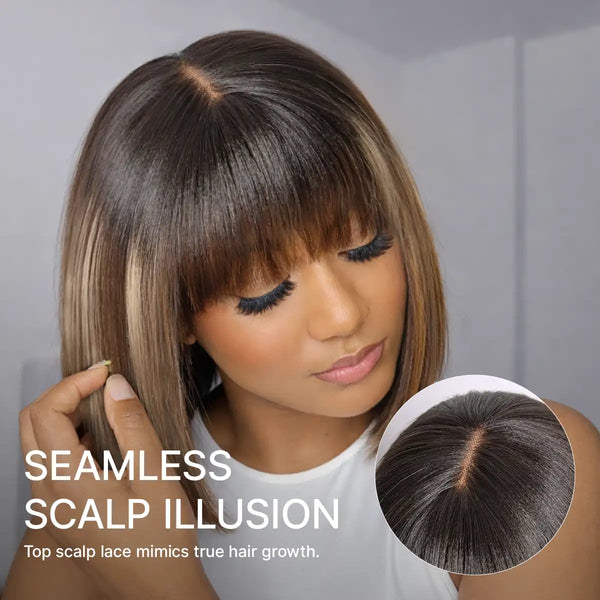 Beginner Friendly Honey Blonde Highlight Yaki Blunt Cut Bob Glueless Minimalist Lace Bob Wig with Bangs