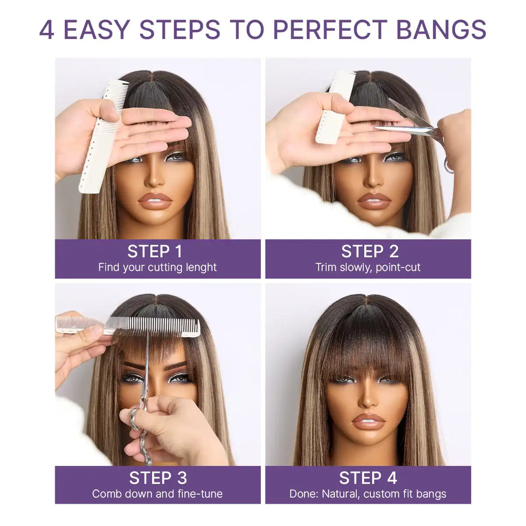 Beginner Friendly Honey Blonde Highlight Yaki Blunt Cut Bob Glueless Minimalist Lace Bob Wig with Bangs