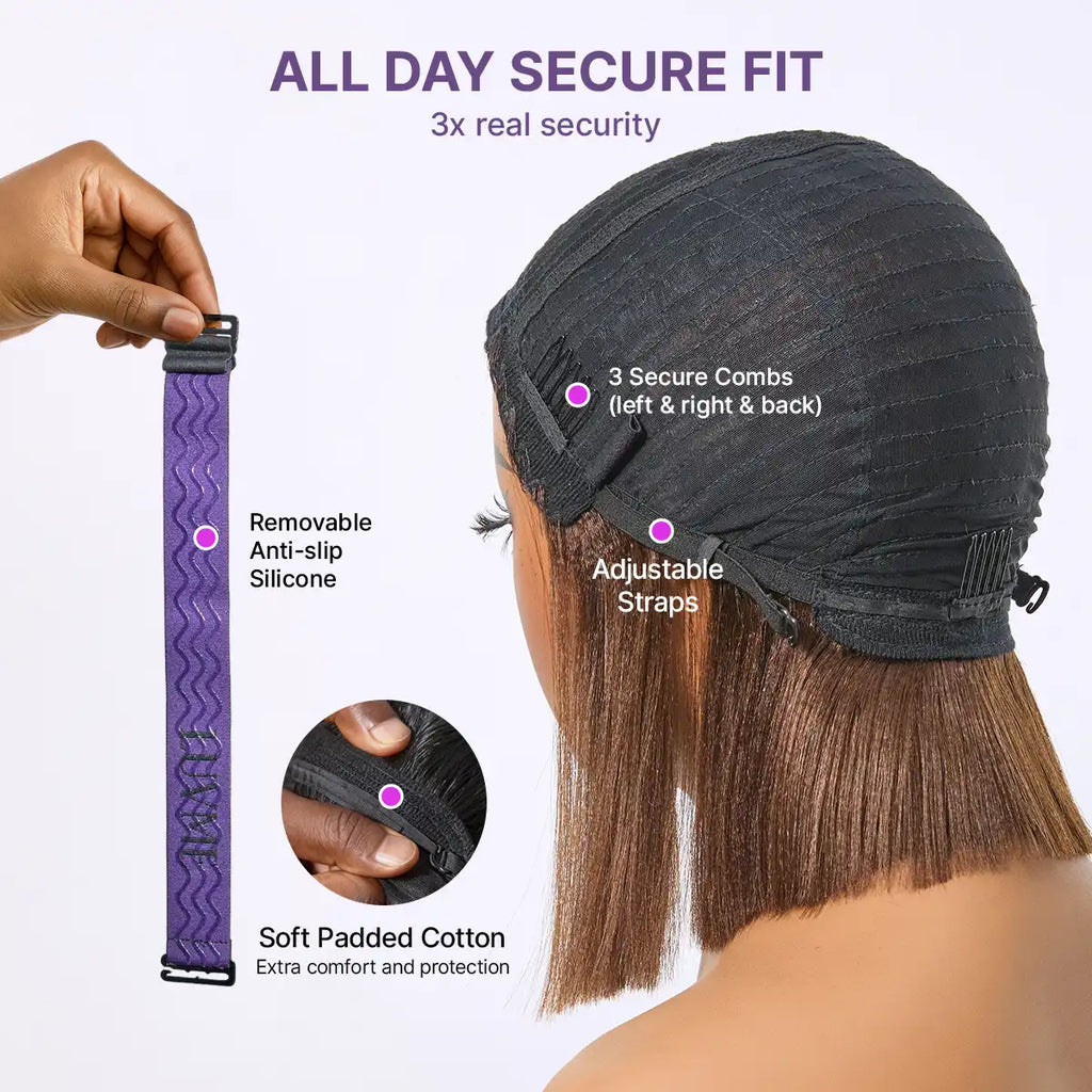 Beginner Friendly Honey Blonde Highlight Yaki Blunt Cut Bob Glueless Minimalist Lace Bob Wig with Bangs