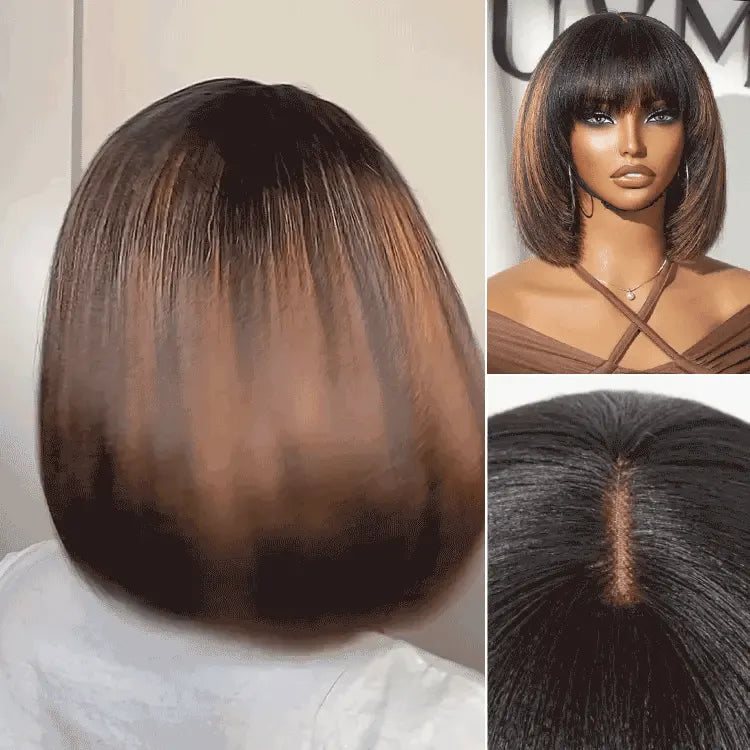 Put On and Go Ash Blonde Highlight / Brown Highlight / Natural Black Layered Cut Yaki Straight Minimalist Lace Bob Wig Main image