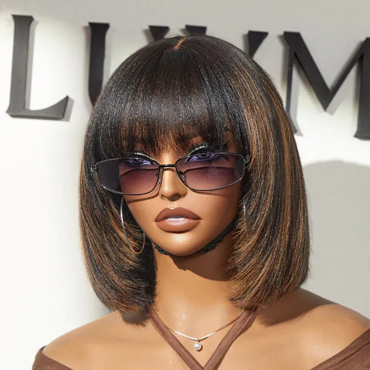 Put On and Go Ash Blonde Highlight / Brown Highlight / Natural Black Layered Cut Yaki Straight Minimalist Lace Bob Wig Secondary image