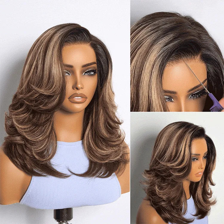 Caramel Brown Highlight Layered Haircut Wavy Glueless HD Minimalist Lace Wig Pre-Cut