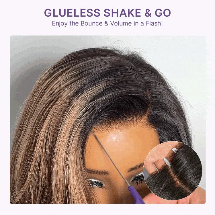 Caramel Brown Highlight Layered Haircut Wavy Glueless HD Minimalist Lace Wig Pre-Cut Secondary image