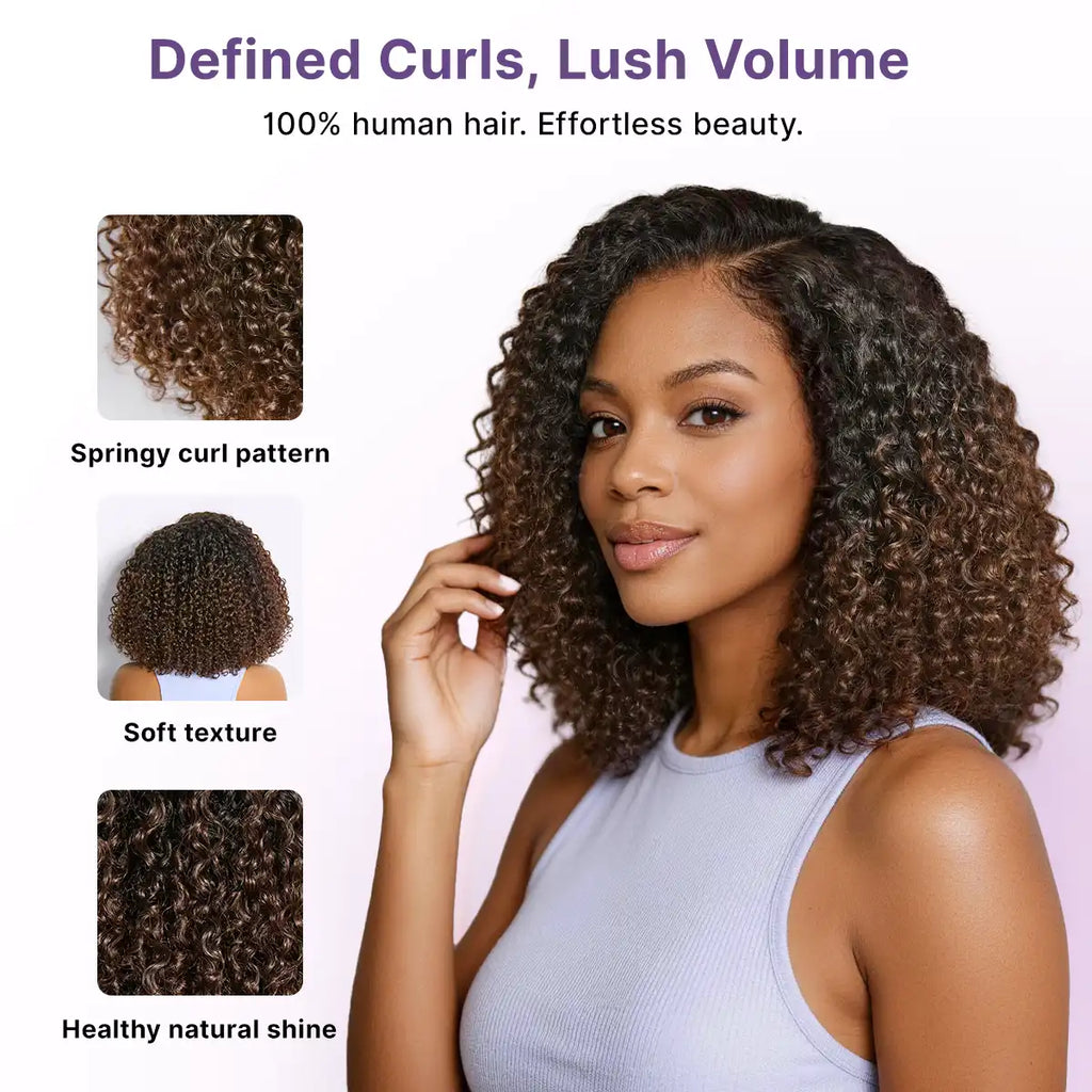 Wear & Go Ombre Brown Fluffy Curly 180% Density Glueless 5x5 Closure HD Lace Wig Pre-Cut Lace