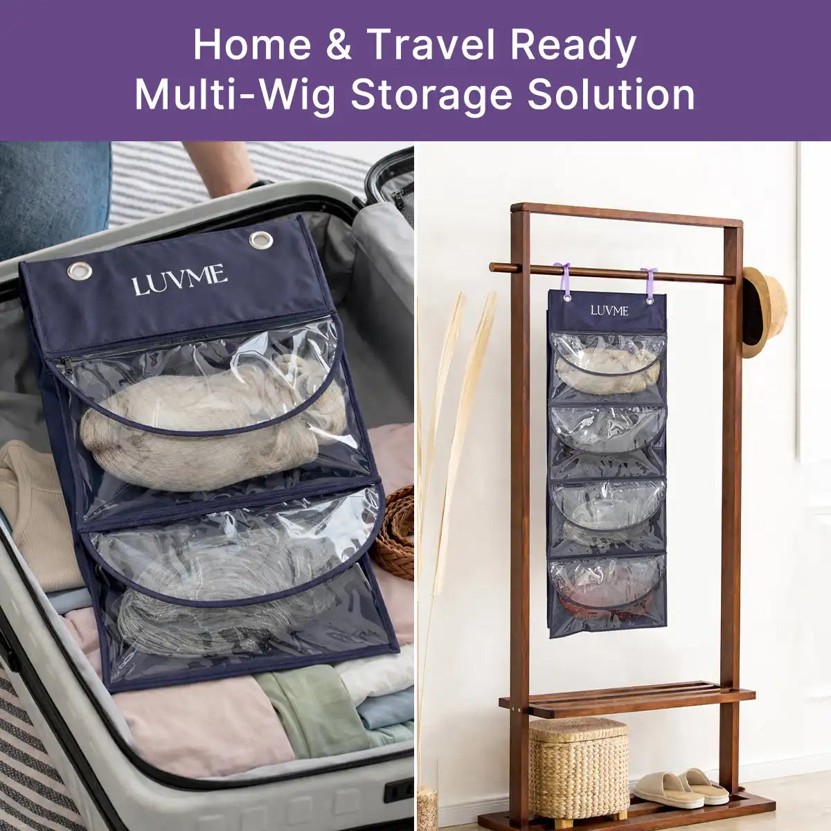 LUVME 4-Pack Purple Wig Storage Bags, Dust-Proof Hair Extension Carriers