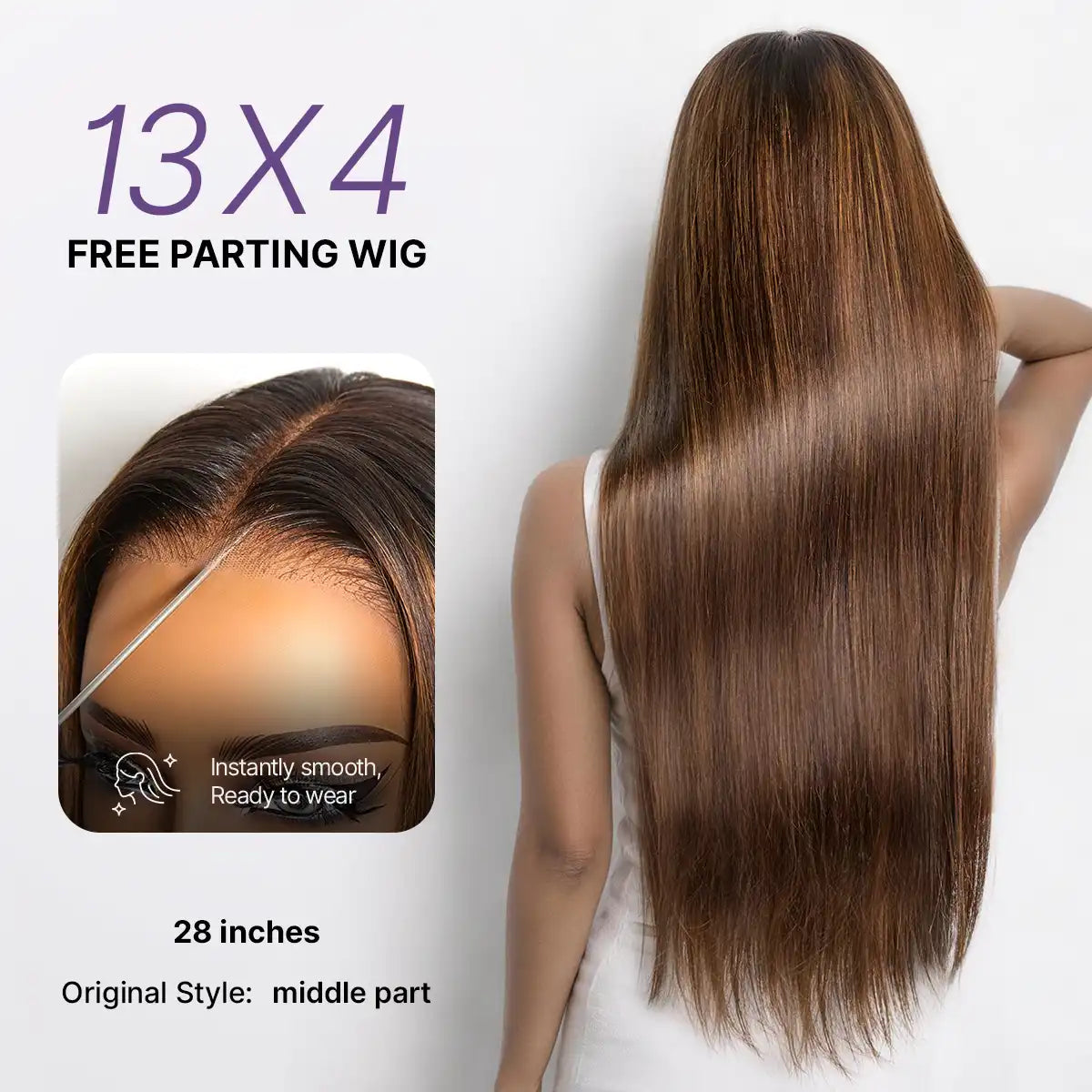 PreMax Wigs - Chestnut Brown with Honey Blonde Highlights Silky Straight 13x4 Frontal Lace Glueless Long Wig Pre-Cut Lace Secondary image