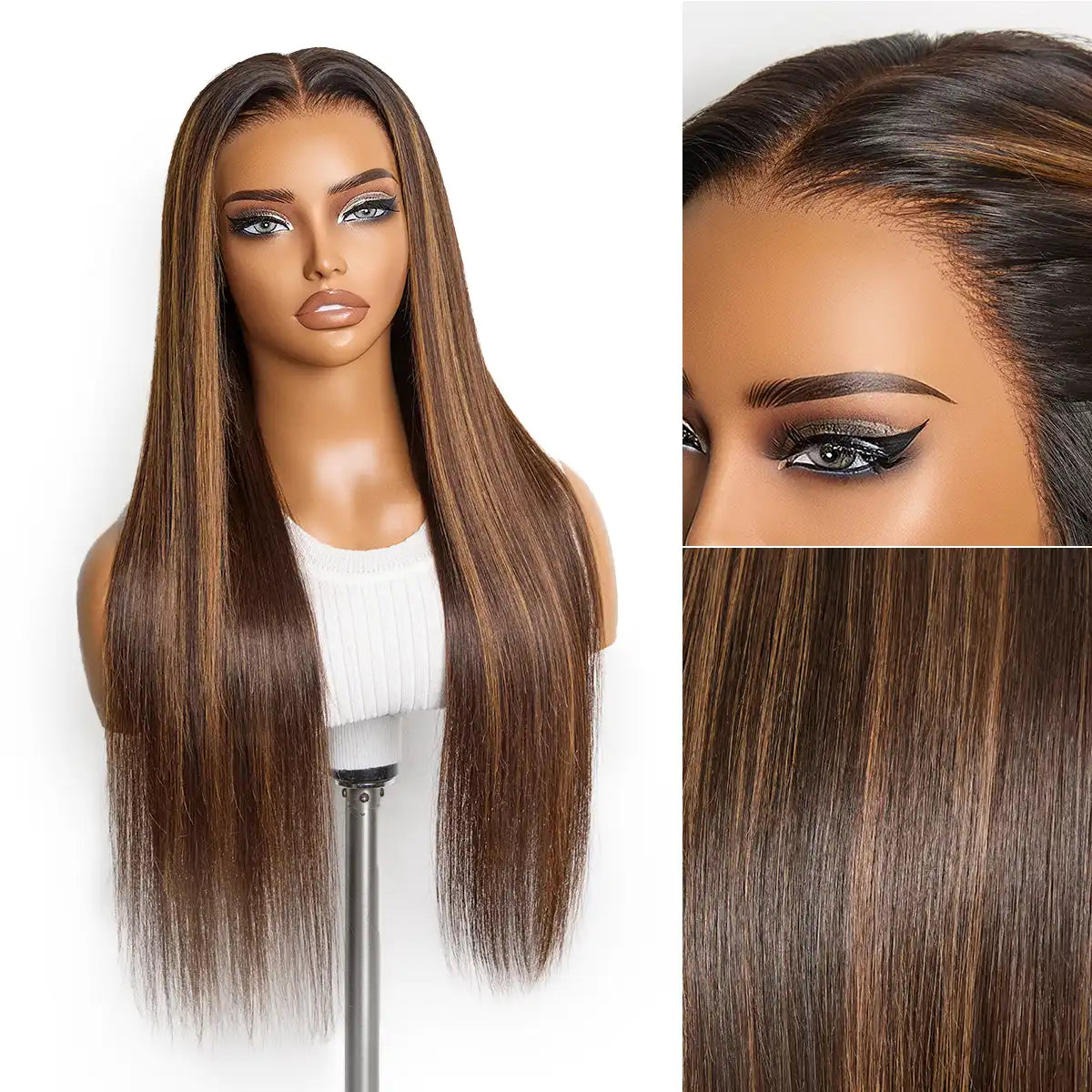 PreMax Wigs - Chestnut Brown with Honey Blonde Highlights Silky Straight 13x4 Frontal Lace Glueless Long Wig Pre-Cut Lace Main image