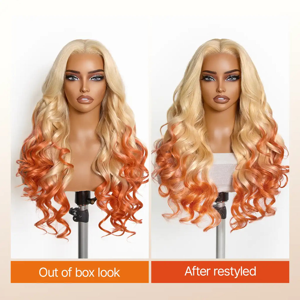 613 Blonde to Ginger Ombre Body Wave Glueless Ear-to-ear 13x4 HD Lace Front Wig Pre-Cut Lace Flexi-Fit Drawstring Cap