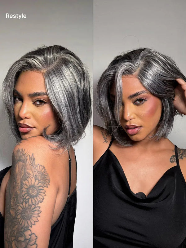 Boss Vibe Salt & Pepper Layered Bob Glueless Pre-Cut Minimalist HD Lace Grey Wig