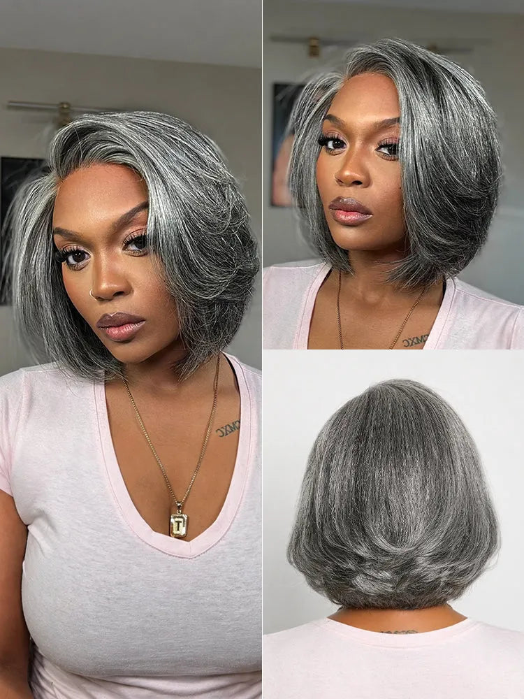 Boss Vibe Salt & Pepper Layered Bob Glueless Pre-Cut Minimalist HD Lace Grey Wig Secondary image