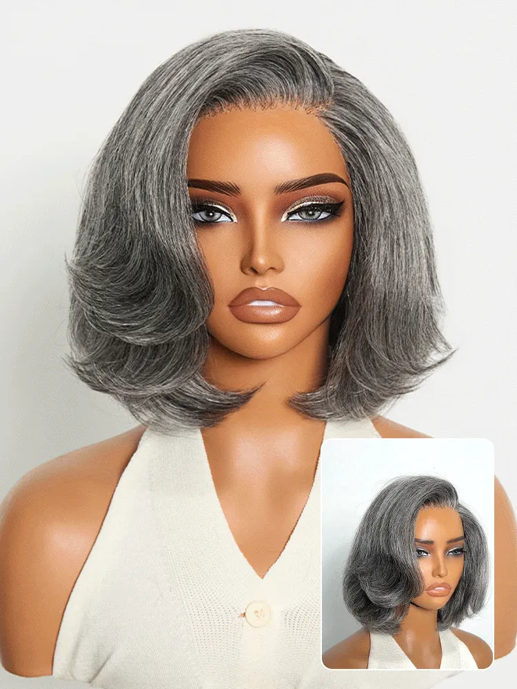 Boss Vibe Salt & Pepper Layered Bob Glueless Pre-Cut Minimalist HD Lace Grey Wig Main image