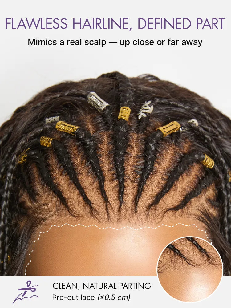 Natural Black Boho Cornrow Braids 13x4 Frontal Lace Deep Curly  Long Wig Pre-cut Lace