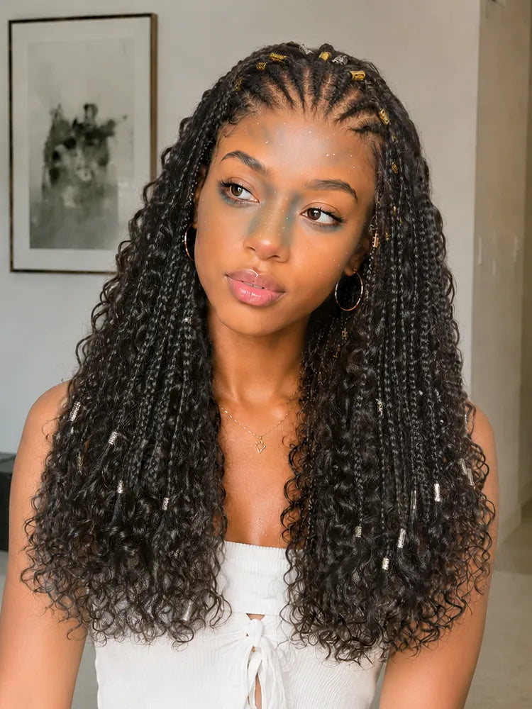 Natural Black Boho Cornrow Braids 13x4 Frontal Lace Deep Curly  Long Wig Pre-cut Lace Secondary image
