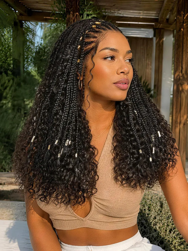 Natural Black Boho Cornrow Braids 13x4 Frontal Lace Deep Curly  Long Wig Pre-cut Lace