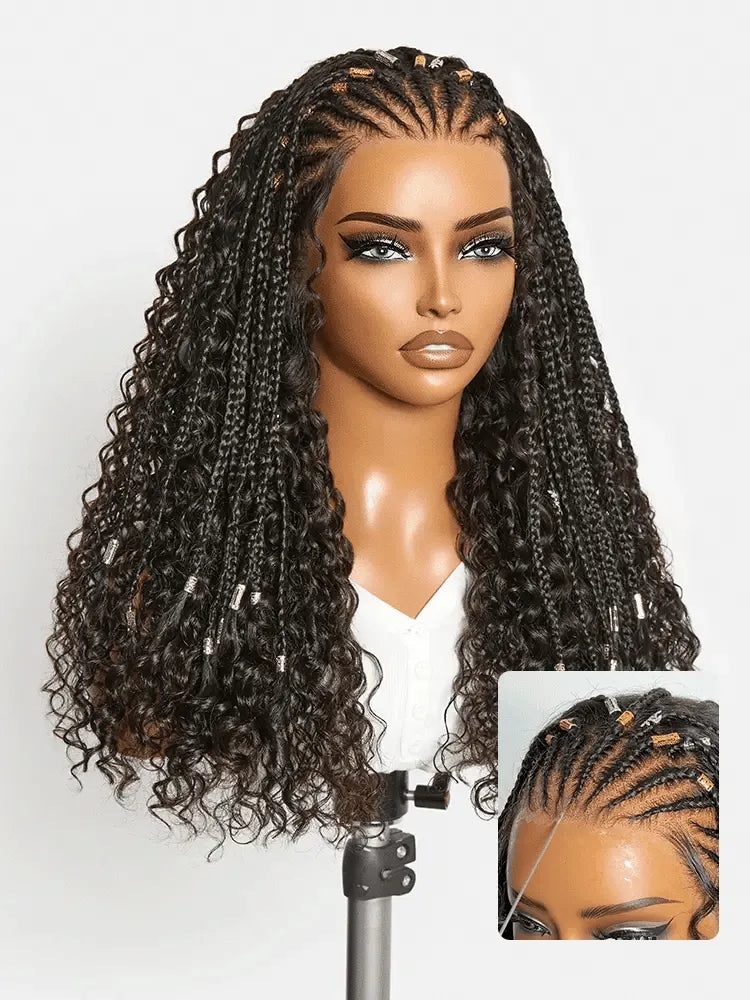 Natural Black Boho Cornrow Braids 13x4 Frontal Lace Deep Curly  Long Wig Pre-cut Lace Main image