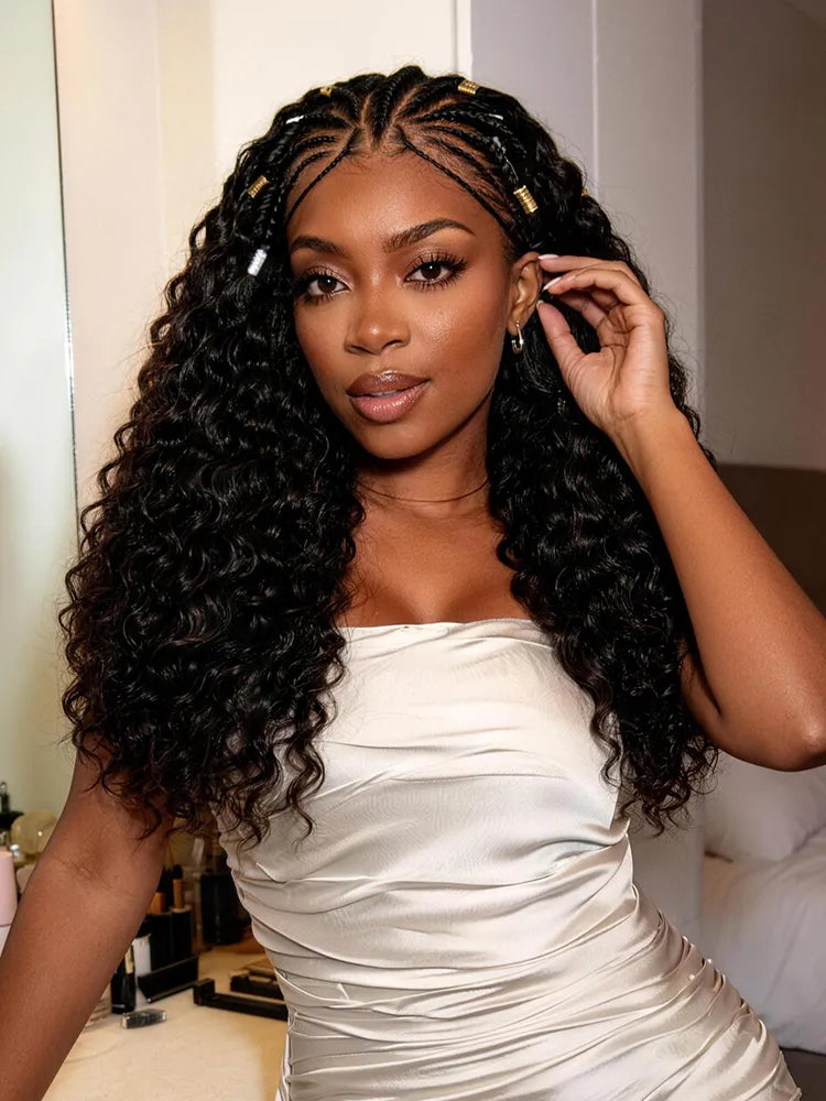 Boho Fulani Braids Water Wave 13x4 Frontal Lace Wig Pre-cut Lace Human Hair Secondary image