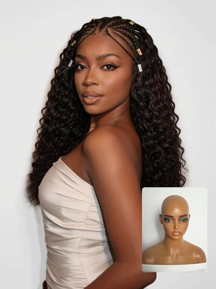 Boho Fulani Braids Water Wave 13x4 Frontal Lace Wig Pre-cut Lace Human Hair Main image