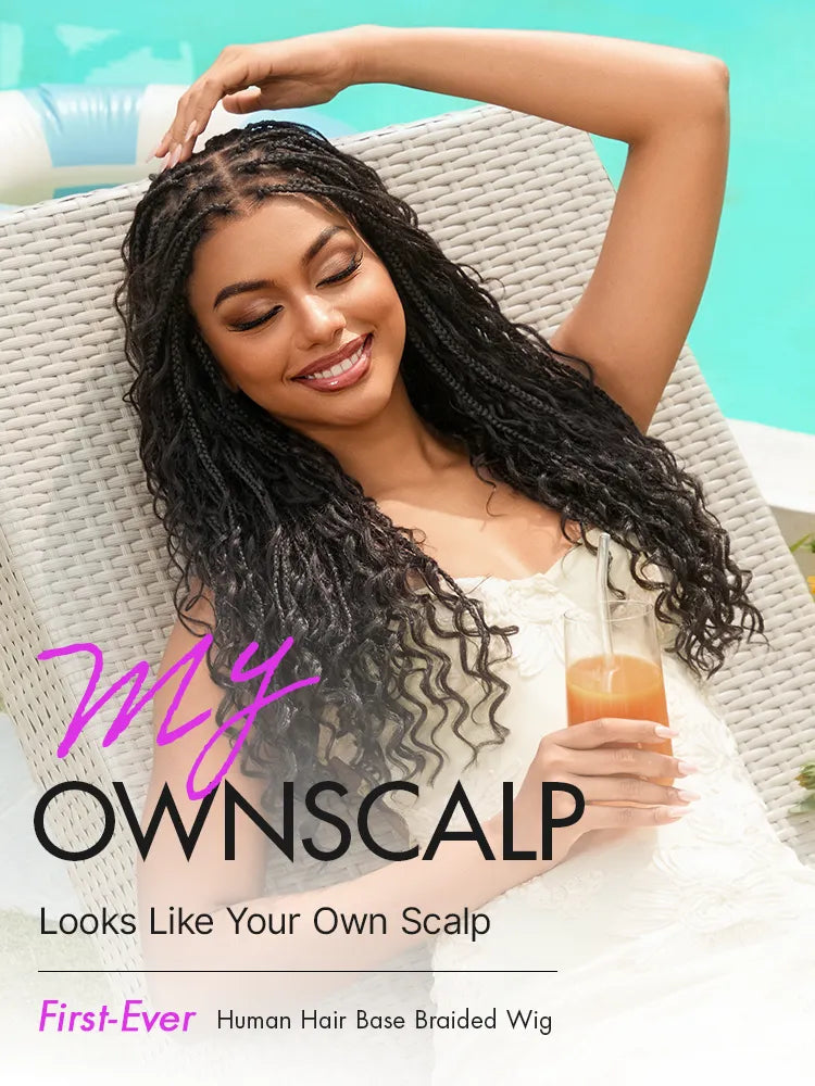 OwnScalp™  Light Weight Flexi-Fit Invisi Drawstring Cap Full Lace Knotless Boho Curls Braided Long Wig Super Natural Scalp Pre-Cut Lace Secondary image