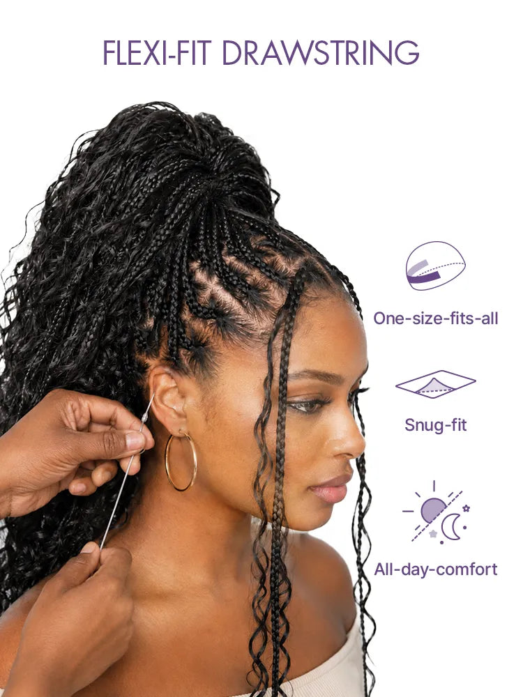 OwnScalp™  Light Weight Flexi-Fit Invisi Drawstring Cap Full Lace Knotless Boho Curls Braided Long Wig Super Natural Scalp Pre-Cut Lace
