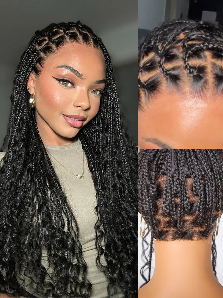 OwnScalp™  Light Weight Flexi-Fit Invisi Drawstring Cap Full Lace Knotless Boho Curls Braided Long Wig Super Natural Scalp Pre-Cut Lace Main image