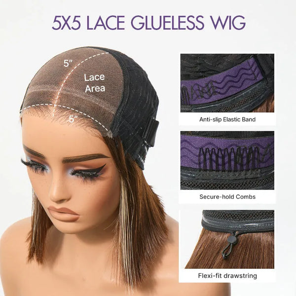 Ash Blonde Highlight Glueless 5x5 HD Closure Lace Bob Wig Pre-Cut Lace Flexi-Fit Drawstring Cap