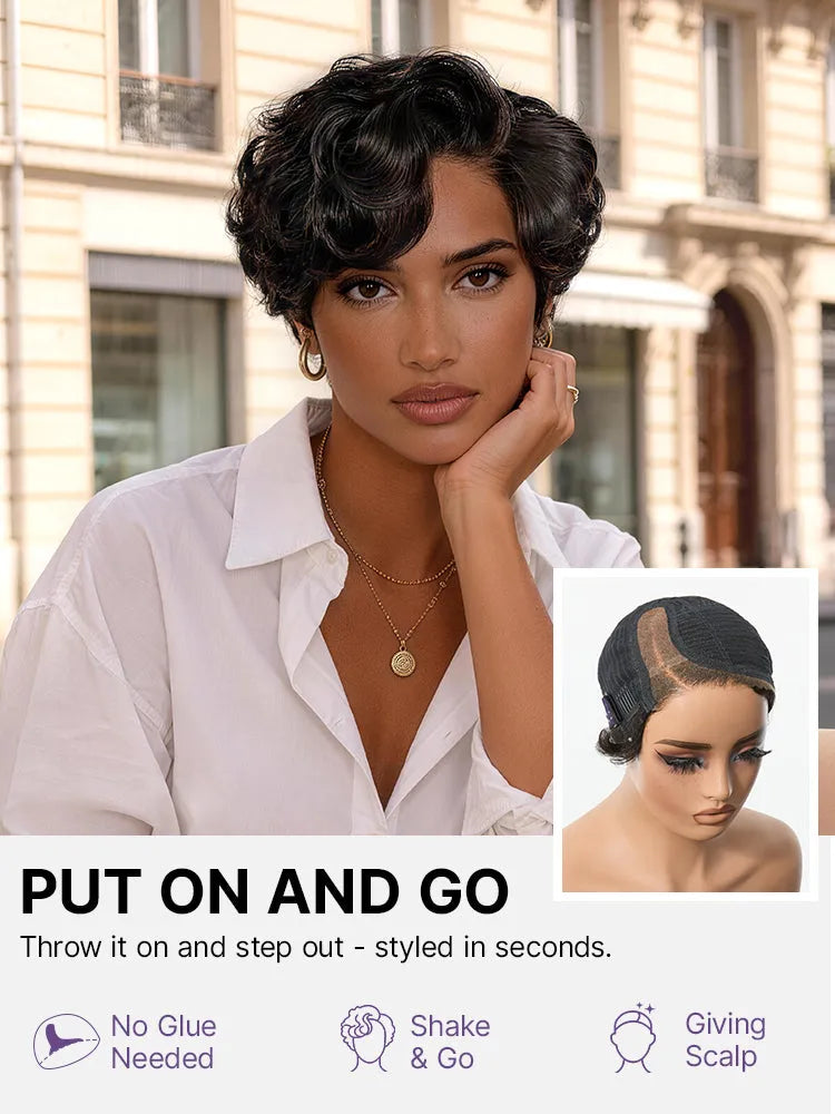 Beginner Friendly Natural Black Lightweight Roll Curl Glueless Minimalist HD Lace Short Pixie Cut Wig Pre Cut Lace